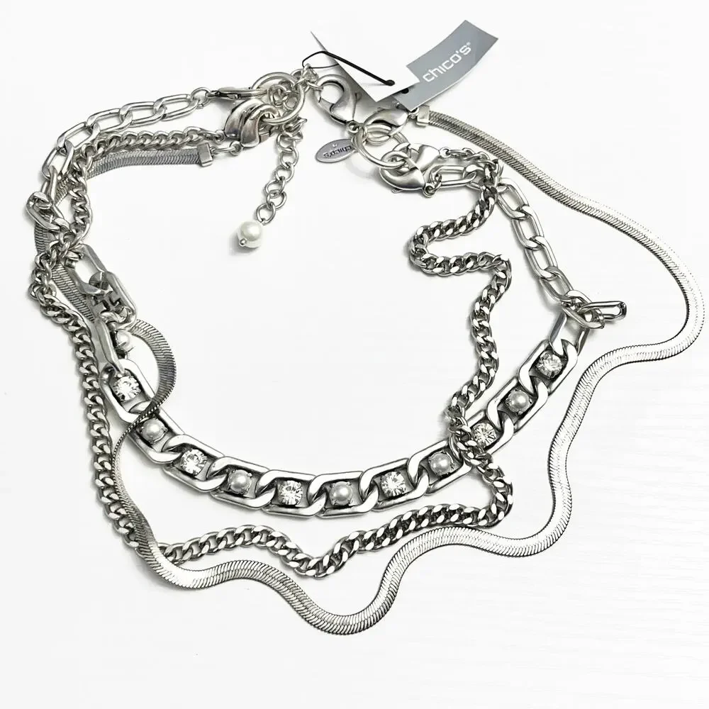 NEW Chico's Pearl & Layered Silver Chain Necklace